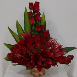 Striking Arrangement of Red Roses N Lilies