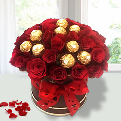 Remarkable Red Roses N Ferrero Rocher in Flower Bucket