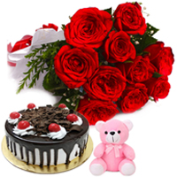 Combo of Cake with Teddy Red Roses Bouquet