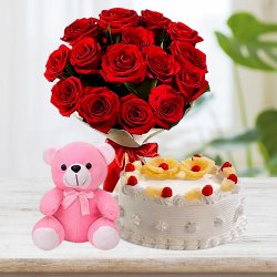 Luminous Roses Bunch with Pineapple Cake Teddy