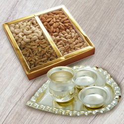 Silver Plated Paan Shaped Puja Aarti Thali (weight 52 gms) with Assorted Dry Fruits