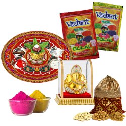 Holi Grand Combo Pack of Herbal Gulal, Puja Thali, Dry Fruit Potli N Ganesh Mandap