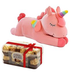 Happiness Combo of Unicorn Soft Toy N Ferrero Rocher Chocolate