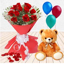 Tremendously Joyful Red Roses Balloon and Teddy Gift Combo