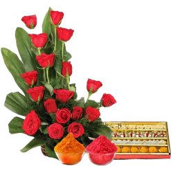 Bright charming 18 Red Roses and delicious mixed Sweets