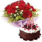 Red Roses Bunch with Black Forest Cake