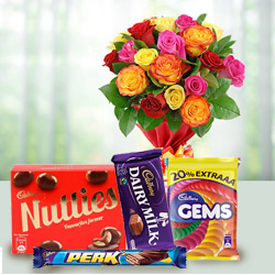 Gorgeous mixed Roses with mouth watering assorted Cadburys Chocolate