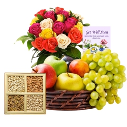 Yummy Assorted Fruits Basket with Dry Fruits N Flowers Arrangement