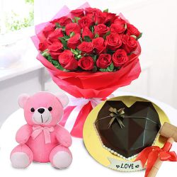 Hearty Chocolate Hammer Cake, 75 Red Rose Bouquet n Teddy	