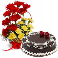 Mesmerizing Carnations and Gerberas Arrangement with Dark Chocolate Cake