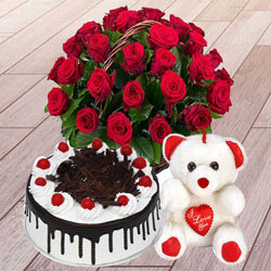 Remarkable Red Roses with Black Forest Cake and a Teddy Bear