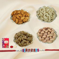 Silver Plated Bowls filled with Mixed Dry Fruits along with Free Rakhi, Roli Tilak and Chawal 