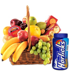 Mouth watering fresh Fruit basket combined with Horlicks and crunchy Biscuits 