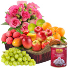 Refreshing Fresh Fruits Collection with Haldiram Rasgulla and Rose Bouquet
