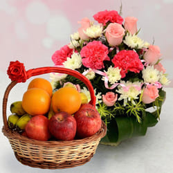 Luxurious Fresh Fruits with Colorful Flowers Basket