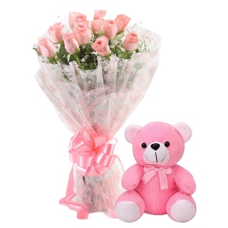 12 Pink Roses Bunch with 6 inch Teddy