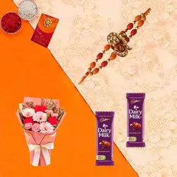 Convivial Blossom Medley with 2 Dairy Milk Chocolate with Rakhi and Roli Tilak Chawal