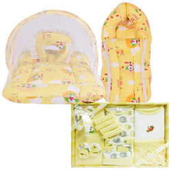 Exclusive Babys Mattress with Mosquito Net and Sleeping Bag Combo with Cotton Clothes