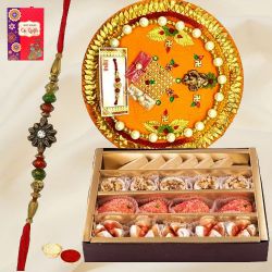 Haldiram Assorted Sweets and Designer Pooja Thali along Rakhi, Roli Tilak and Chawal