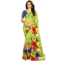 Fashionable Green Color Printed Saree in Faux Chiffon Fabric