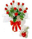 Dozen Red Roses Bouquet with a Small  Cute Teddy Bear