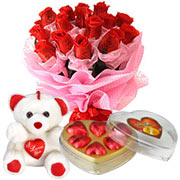 Long Lasting  Red Roses Bouquet with Teddy Bear  and Heart shape Chocolate Box  to Perumanoor
