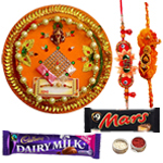 Stunning Combo Of Bhaiya N Bhabhi Rakhi,  Cadbury N Mars Chocolate N  Rakhi Thali to Rakhi-to-canada.asp