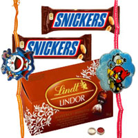 Delectable Snickers with Lindt Small Pack and 2 Kids Rakhi to Rakhi-to-canada.asp