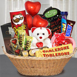 Tasty Chocolate Gift Basket with Teddy N Balloons to Alwaye