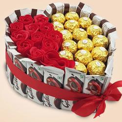 Classy Heart Shape Ferrero Rocher and Galaxy Chocolates with Art Roses