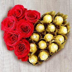 Wonderful Heart Shaped Arrangement of Ferrero Rocher with Roses to Alwaye