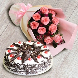 Combo of 1/2 kg Black Forest Cake with 10 Pink Roses Bouquet to Uthagamandalam