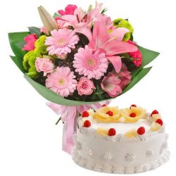 Delicate Mixed Flowers Bunch with Pineapple Cake