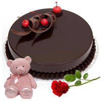 Ravishing Red Rose with Teddy N Eggless Chocolate Cake