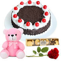 Delicious Ferrero Rocher with Teddy, Rose N Eggless Black Forest Cake