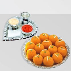 Silver Plated Paan Shaped Puja Aarti Thali (weight 52 gms) with Motichur Laddu from Haldiram to Andaman and Nicobar Islands