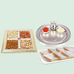 Special Silver Plated Puja Thali with Assorted Dry fruits with Haldiram Kaju Katli to Dadra and Nagar Haveli