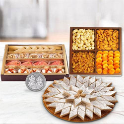 Dry Fruits with Assorted Sweets with free silver plated coin for Diwali  to India