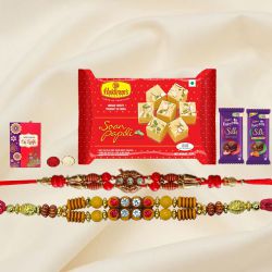 Divine Treat with Haldirams and Cadbury Chocolate Gift Hamper with Two Rakhis With Free Rakhi Card and Roli Tilak Chawal