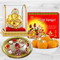 Alluring Bhai Dooj Gift of Puja Thali with Ladoo, Samagri n Ganesh Idol