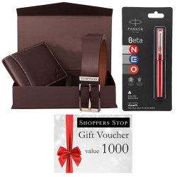 Mind Blowing Combo of Shoppers Stop Gift E Voucher worth Rs.1000, Parkar Beta Pen and Box of Wallet N Belt to Tirur
