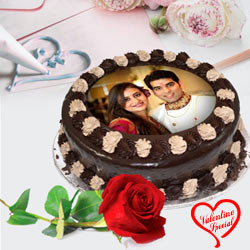 Adorable Gift of Chocolate Photo Cake with Single Red Rose