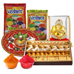 Holi Herbal Gulal Fun with Assorted Sweets, Puja Thali N Ganesh Mandap