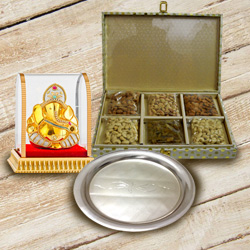 Divine Lord Ganesha with Silver Plated Thali N Dry Fruits to India