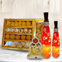 Magnificent Bottle Art Lamp Set with Antique Ganesh Laxmi Mandap n Assorted Sweets to Marmagao