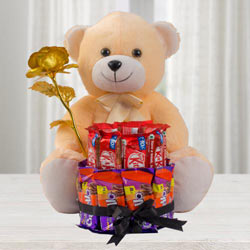 Marvelous Teddy with Golden Rose n 2 Tier Chocolate Arrangement to Hariyana