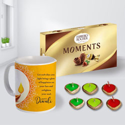 Attractive Personalized Diwali Message Mug, Ferrero Rocher Chocolates n Free Diya to India