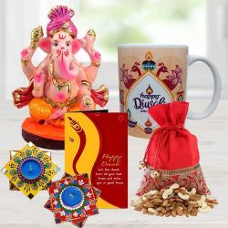 Auspicious Ganesh Laxmi Idol with Personalized Coffee Mug, Dry Fruits, Handmade Diya Set n Free Diwali Greetings Card to India