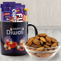 Special Personalized Diwali Greetings Coffee Mug with Assorted Cadbury Chocolates n Almonds to India