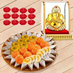 Auspicious Vighnesh Ganesh Idol with Bhikarams Sweets Platter n Candle Set